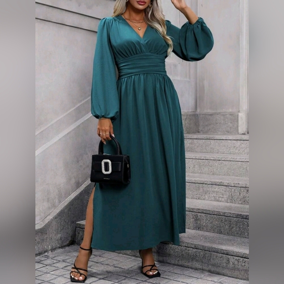 NEW Chic Ruched Waist Lantern Sleeve Maxi Dress PLUS Dusty Teal Blue Green - Picture 3 of 9